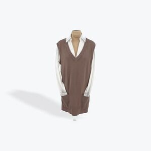 Sioni Milano Sweater Vest Dress Brown Sleeveless Knit‎ Pockets Chic Large